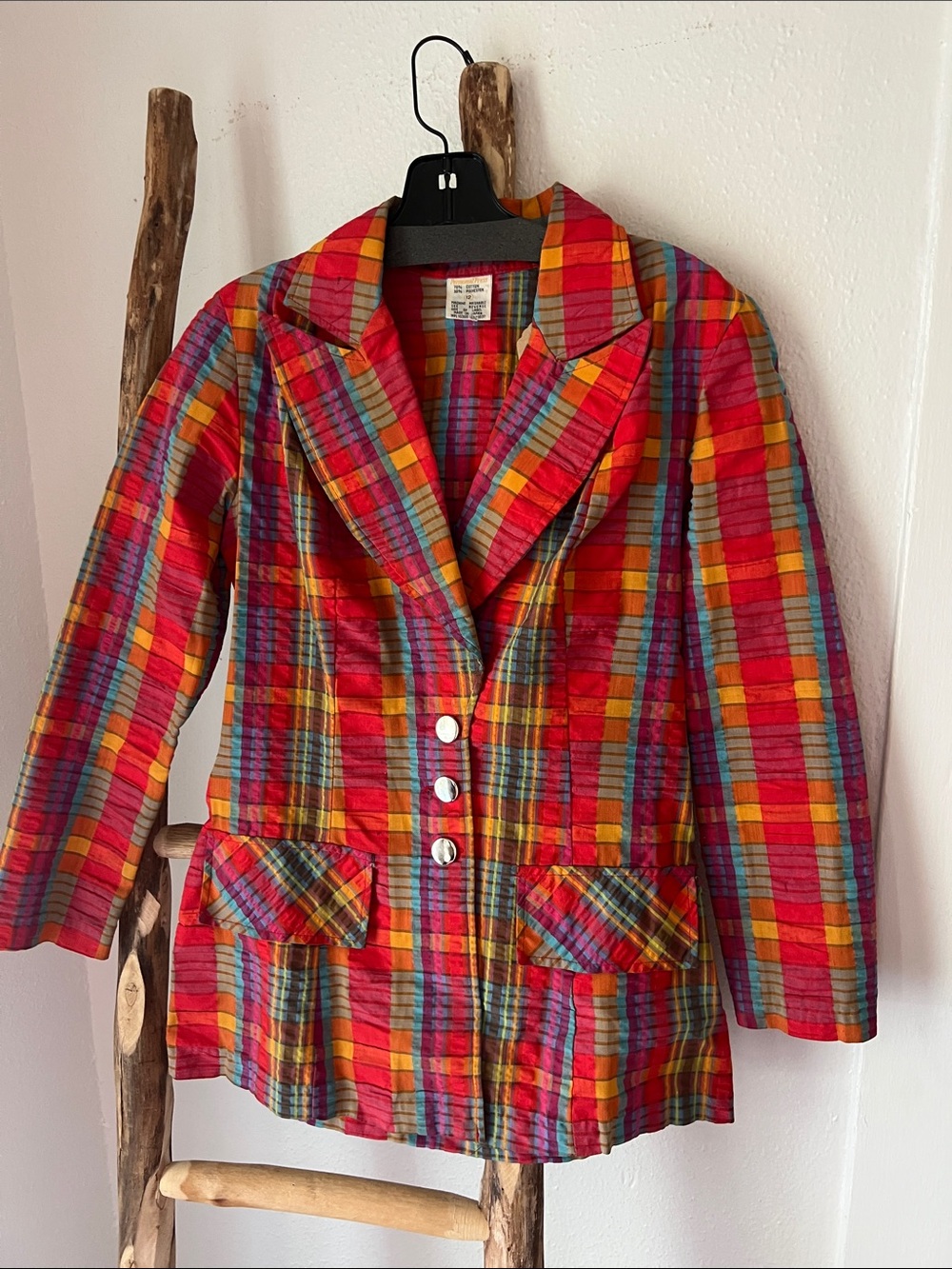 Vintage 70s Colorful Red Multi Plaid Cotton Blend Seersucker Blazer 12 M
